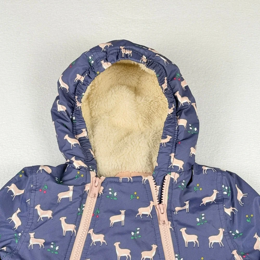 Baby‎ Boden Snowsuit Kids 12-18 Mos Navy Blue Deer Print Fleece Lined Bunting
